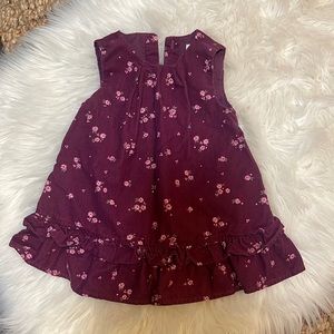 Corduroy maroon dress with bright pink flowers and ruffle